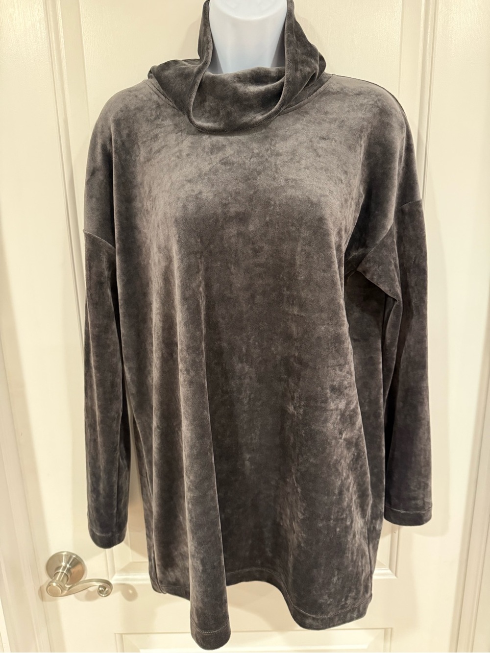 Plush Charcoal Velvet Cowl Neck Turtleneck Sweater